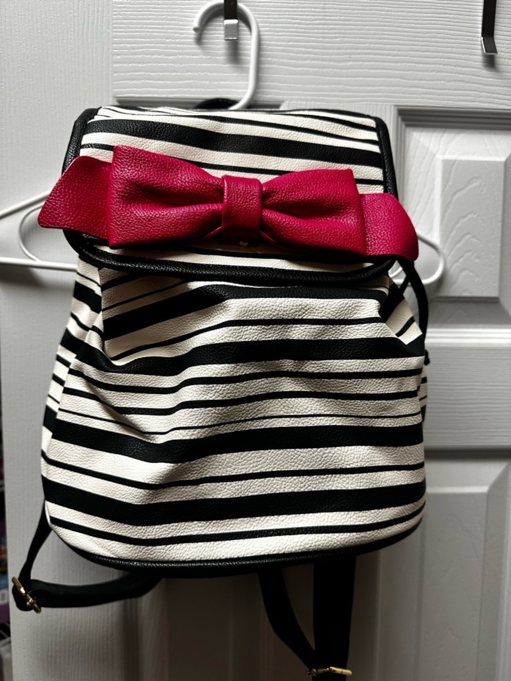 Betsy Johnson Striped Black & White Backpack with Pink Bow Accent